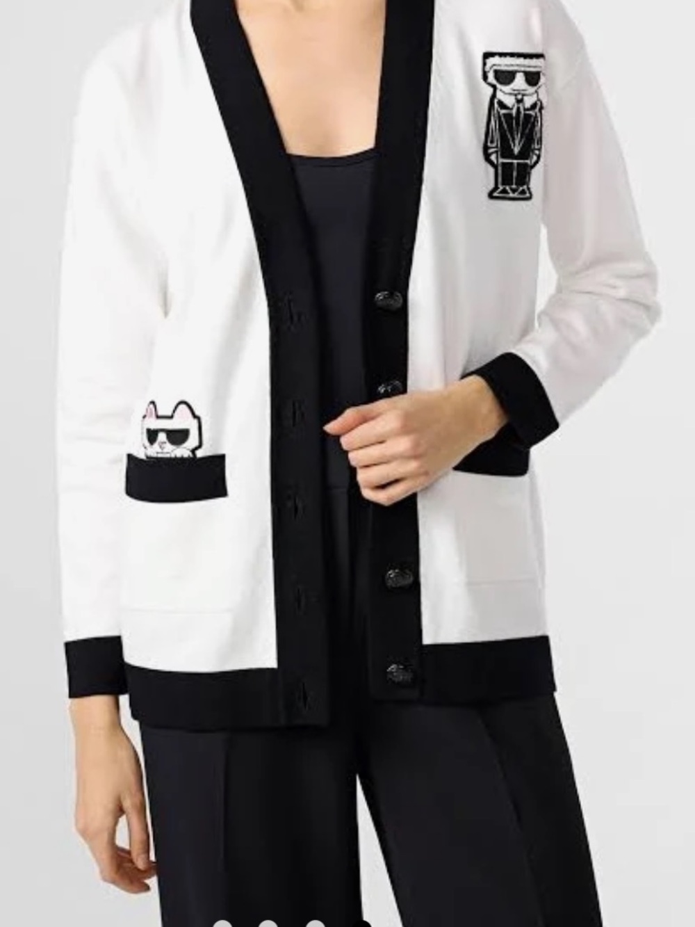 Karl Lagerfeld Black & White Embroidered Patch Cardigan